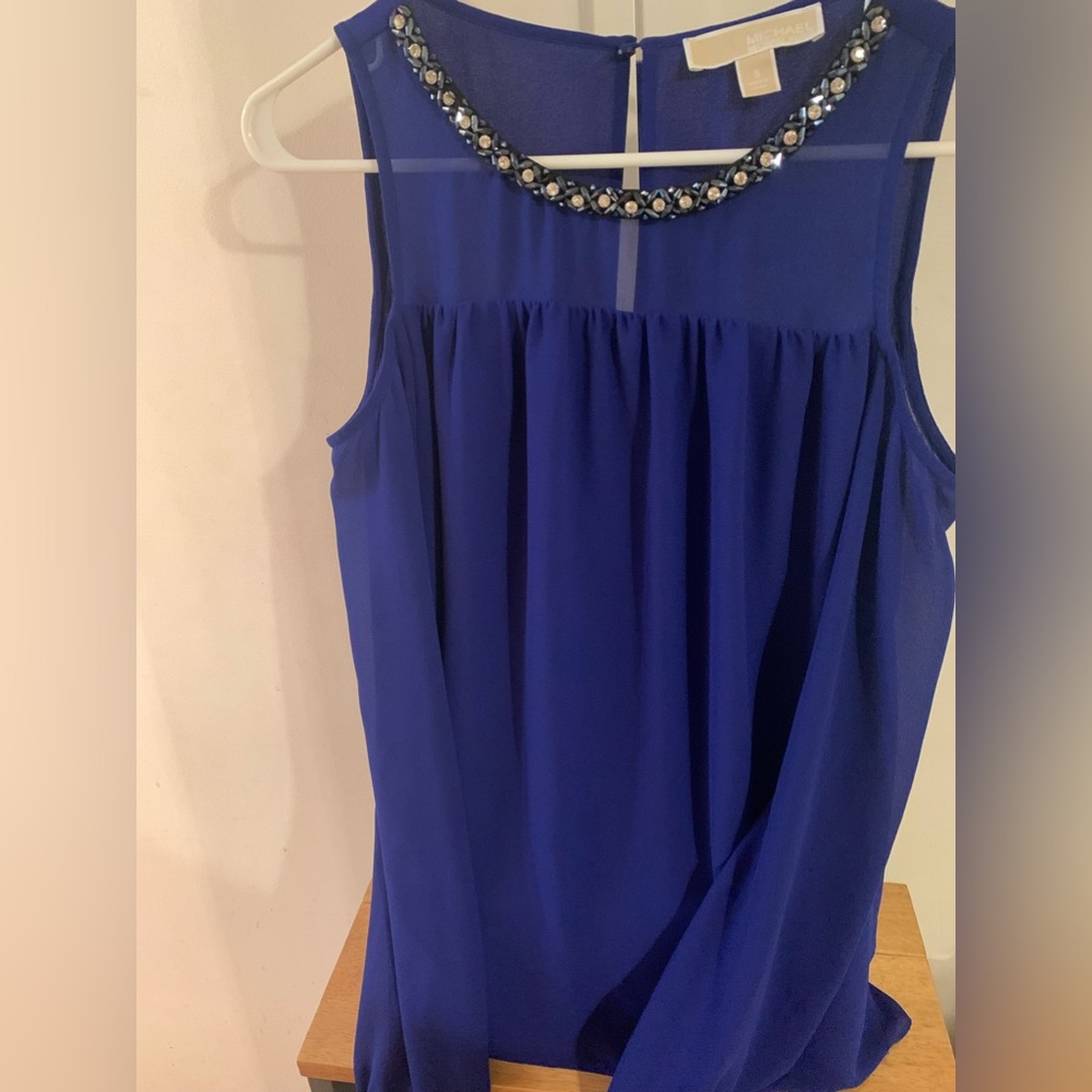 Michael Kors cold shoulder long sleeve blue blouse decorative neck line size S